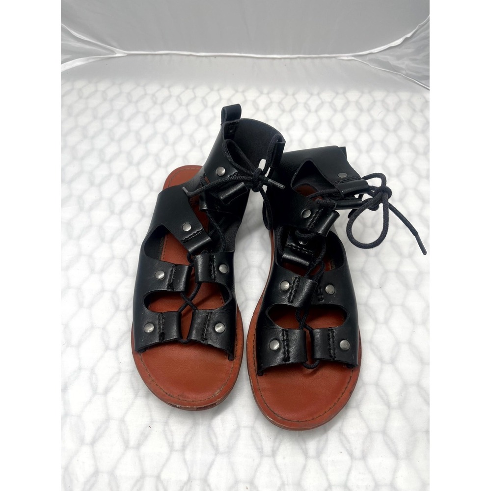 American Eagle Women's Gladiator 7 Black Leather Studded Lace Up Flat Sandals